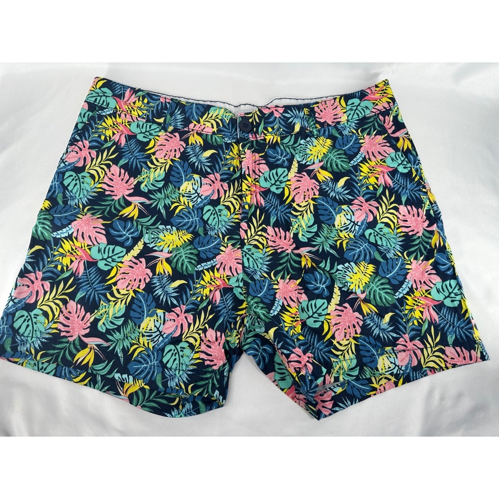 Caribbean & Company Shorts Women 16 Navy Tropical Leaf Cotton Stretch Summer